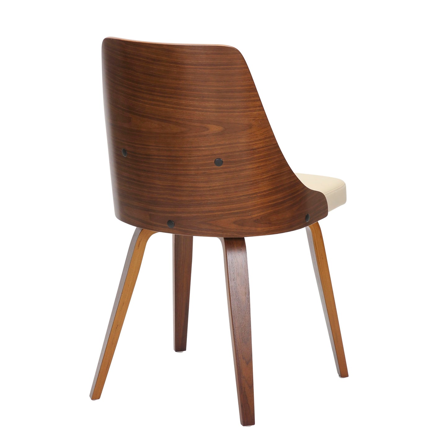 The Anabelle Mid-Century Modern Dining Chair (Set of 2) features a curved dark wood backrest, angled legs, and a light cushioned seat, displayed from a rear side angle against a white background.