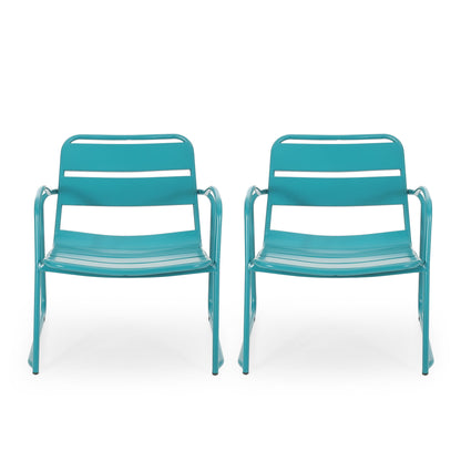 Two Conrad outdoor chairs in teal metal, with armrests, horizontal backrest slats, and slightly curved seats, are placed side by side on a white background.