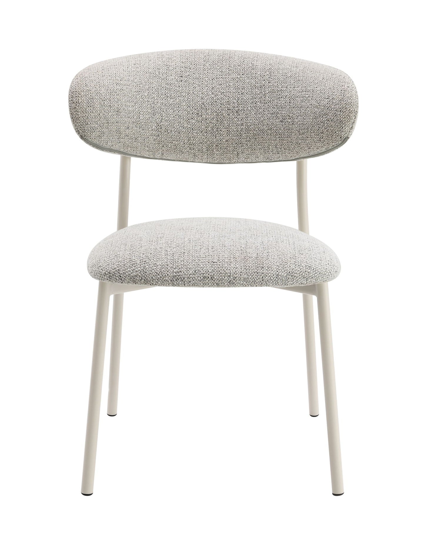 Front view of the Kalam - Fabric Side Chair (Set of 2) in light gray, featuring a modern minimalist design with upholstered seat and backrest, supported by slim white metal legs.