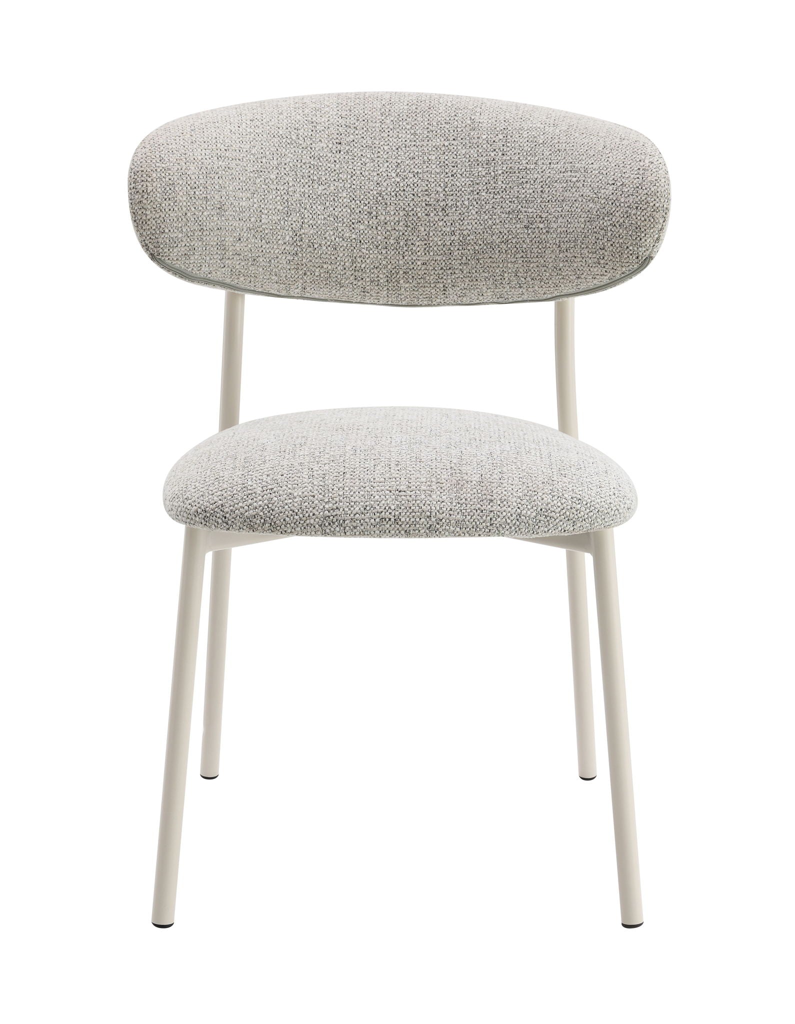 Front view of the Kalam - Fabric Side Chair (Set of 2) in light gray, featuring a modern minimalist design with upholstered seat and backrest, supported by slim white metal legs.