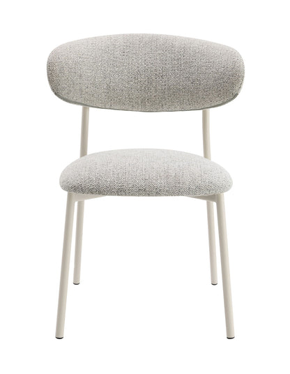 Front view of the Kalam - Fabric Side Chair (Set of 2) in light gray, featuring a modern minimalist design with upholstered seat and backrest, supported by slim white metal legs.
