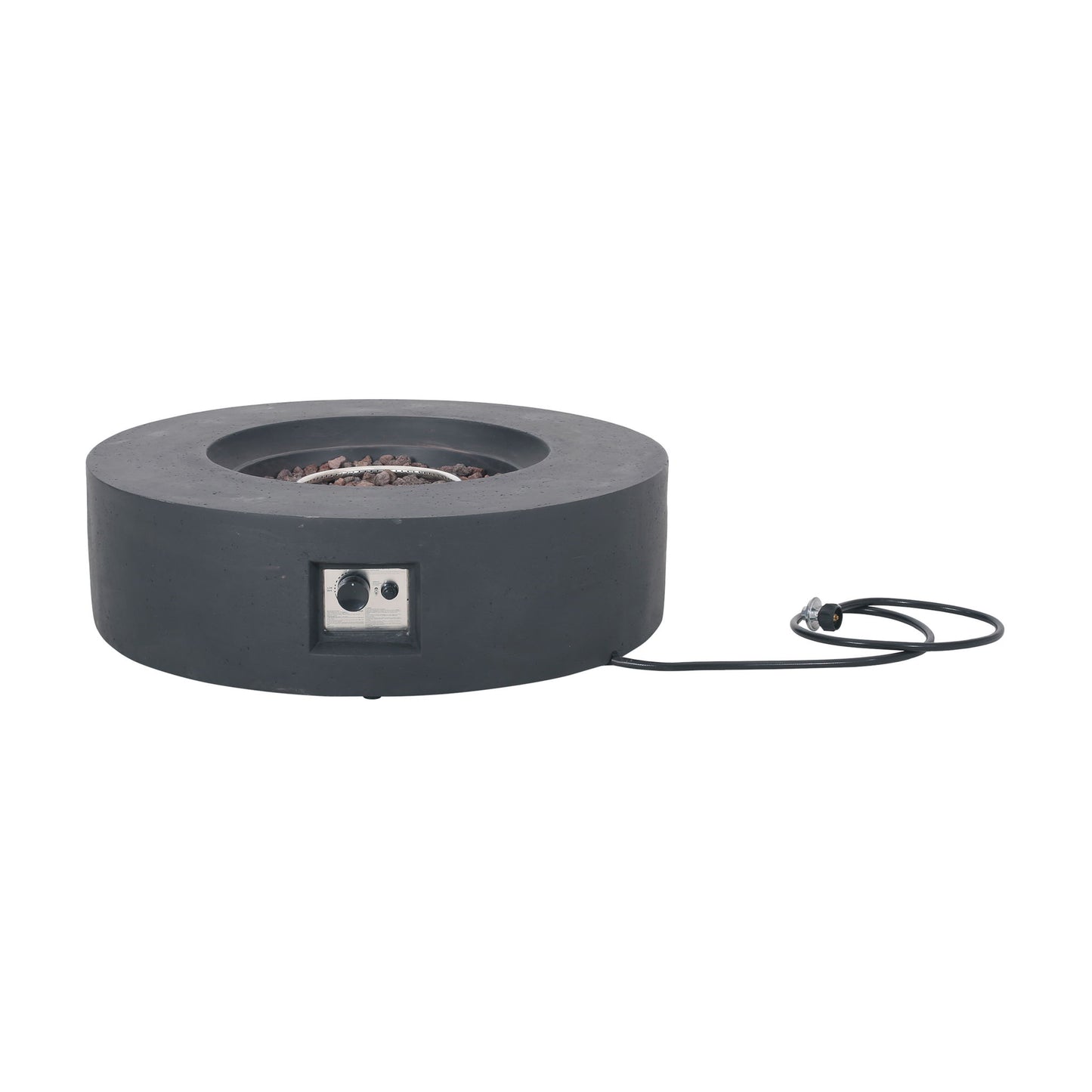 The Modern Lightweight Concrete Outdoor Circular Fire Pit 50,000 Btu is round and dark gray with a side control panel and attached power cord, shown against a white background.
