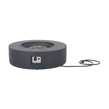 The Modern Lightweight Concrete Outdoor Circular Fire Pit 50,000 Btu is round and dark gray with a side control panel and attached power cord, shown against a white background.