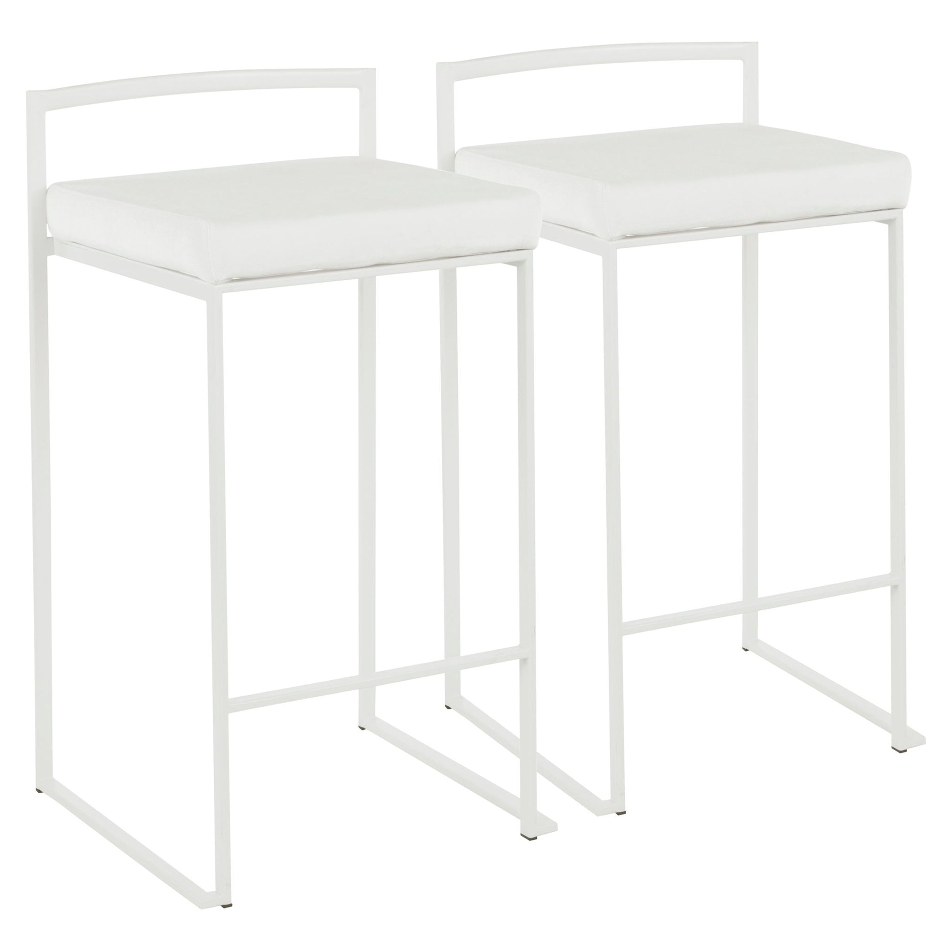 The Fuji - Simple Elegance Contemporary Stackable Counter Stools feature modern white square padded seats and minimalist metal frames, displayed side by side against a white background.