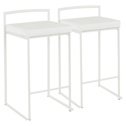 The Fuji - Simple Elegance Contemporary Stackable Counter Stools feature modern white square padded seats and minimalist metal frames, displayed side by side against a white background.