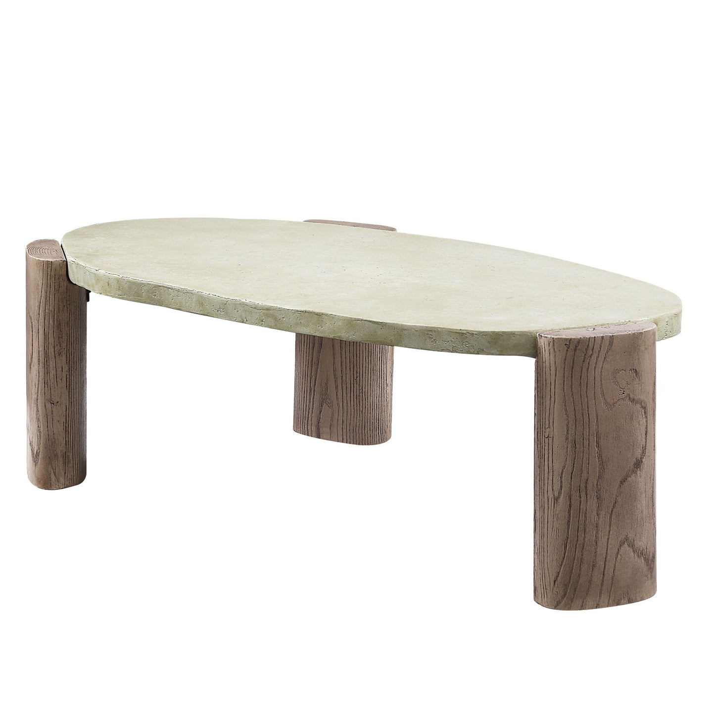 The Dayana Coffee Table features an off-white oval top and three thick, cylindrical oak legs with natural grain texture.