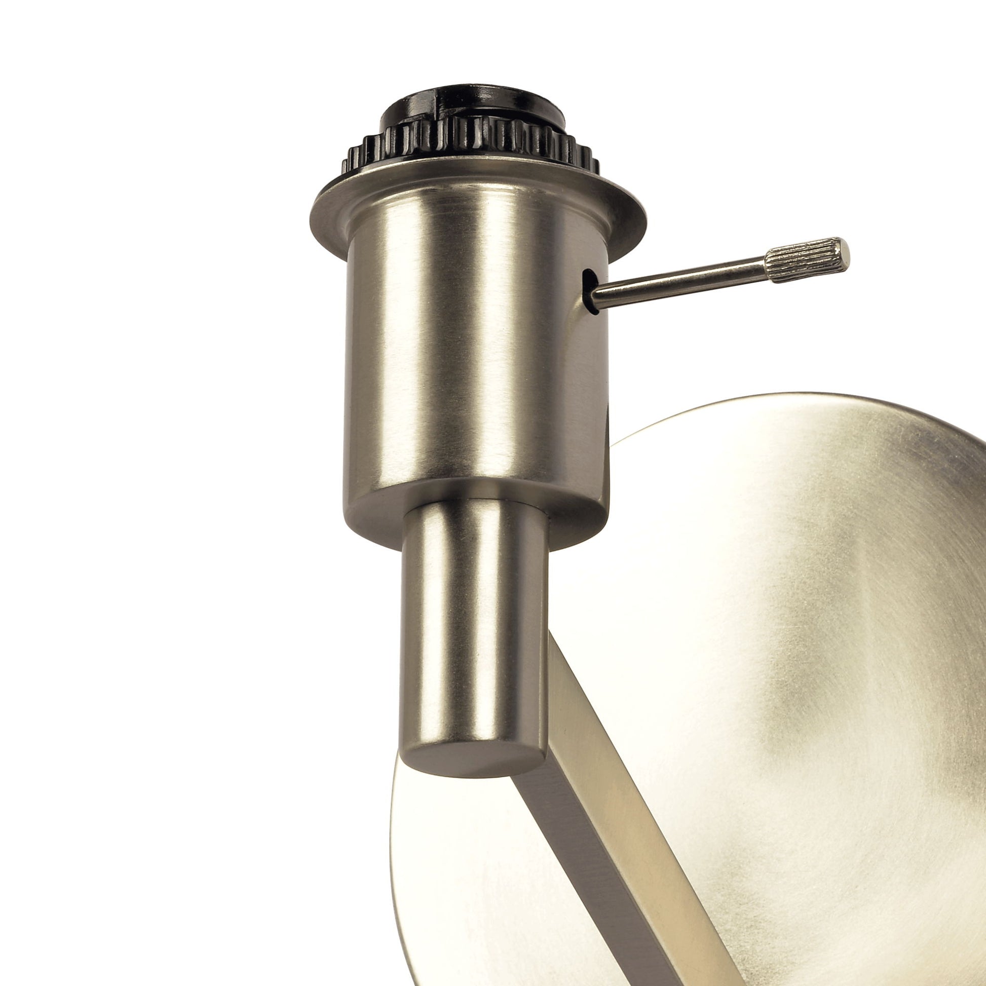 Close-up of the Nebula Base Wall Lamp featuring a rotary switch shade, brushed nickel/silver/white finish, round backplate, cylindrical body, and metallic modern design.