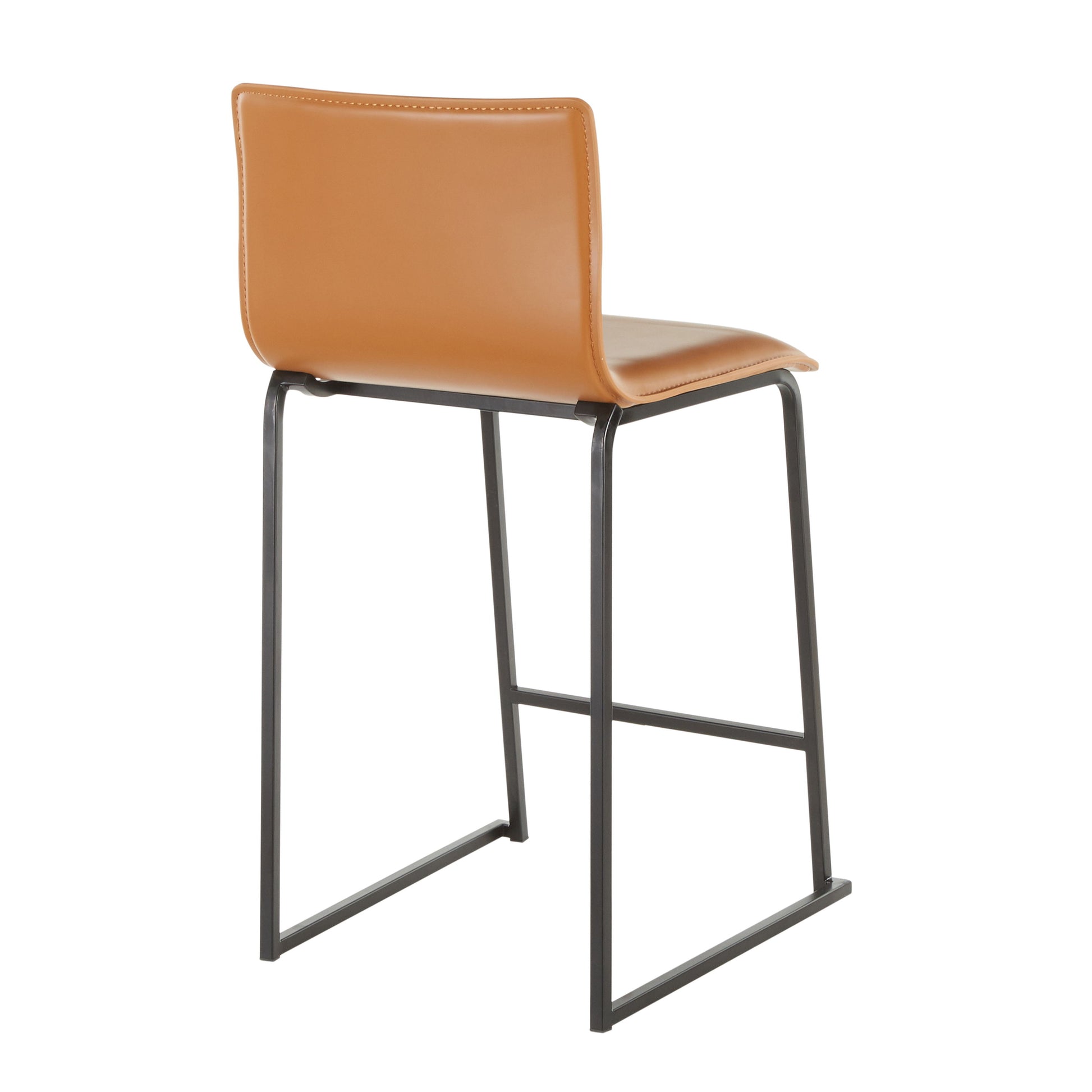 A tan Mara Upholstered Contemporary Counter Stool, featuring a leather seat and backrest, showcases a sleek black metal frame with minimalist legs and footrest. Displayed from the back angle.
