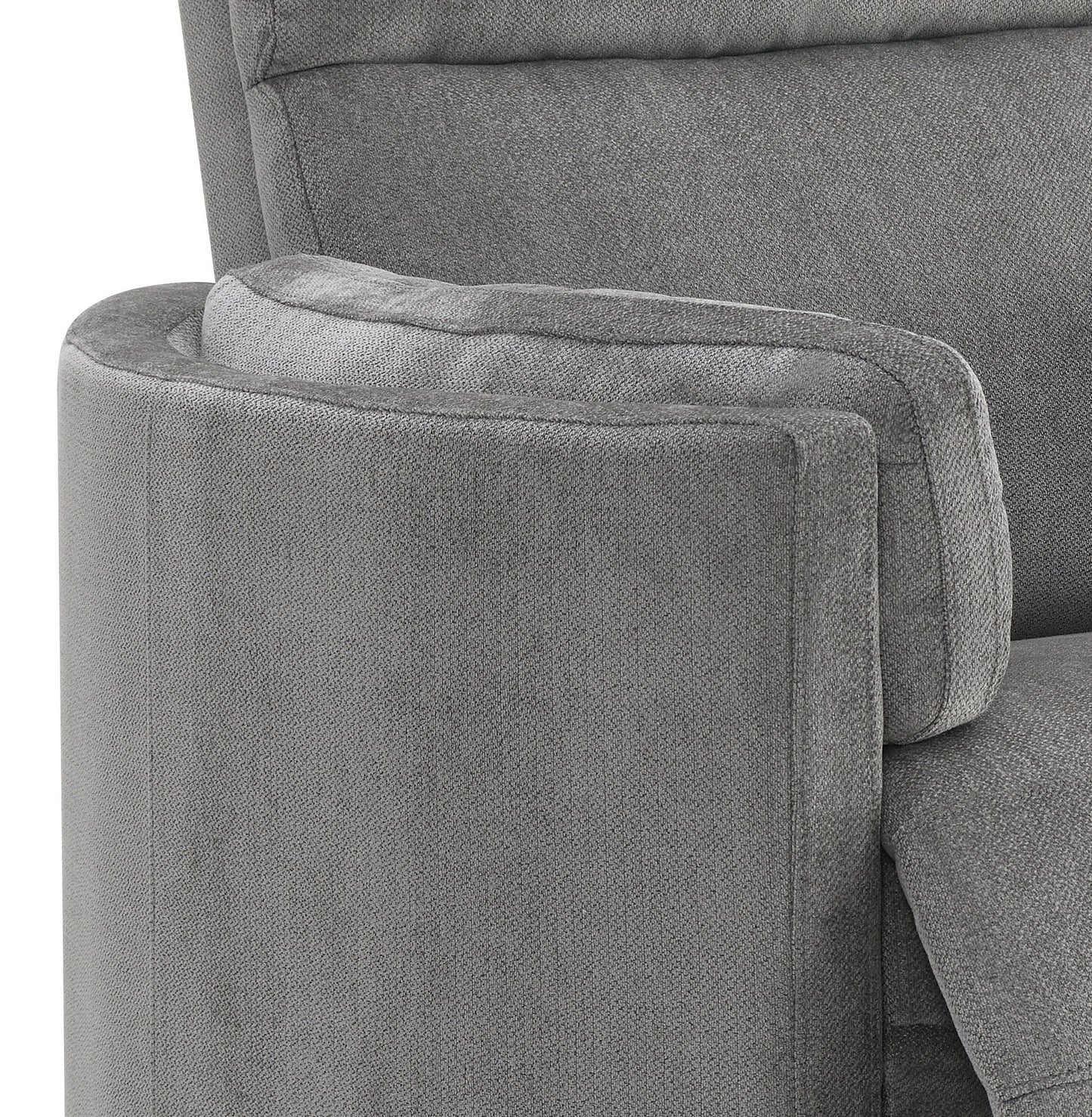 Close-up of the Sagen - Chenille Glider Recliner With Swivel's gray upholstered armrest, featuring soft, textured fabric. The rounded design with distinct seams is evident, while the partially visible backrest hints at modern comfort.