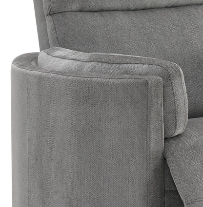 Close-up of the Sagen - Chenille Glider Recliner With Swivel's gray upholstered armrest, featuring soft, textured fabric. The rounded design with distinct seams is evident, while the partially visible backrest hints at modern comfort.