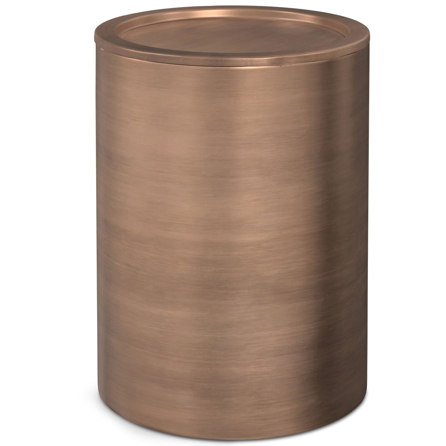 The Corbin Handcrafted Metal Side Table features a cylindrical shape with a metallic, brushed copper finish and a flat, round lid.