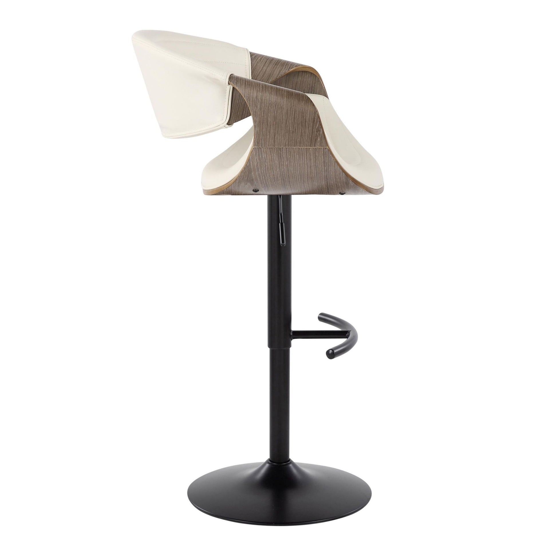 The Symphony Mid Century Modern Adjustable Barstool features a light wood curved seat, white padded back and seat, black metal pedestal base, and a rounded T footrest. Shown from the side. Set of 2 with swivel function.