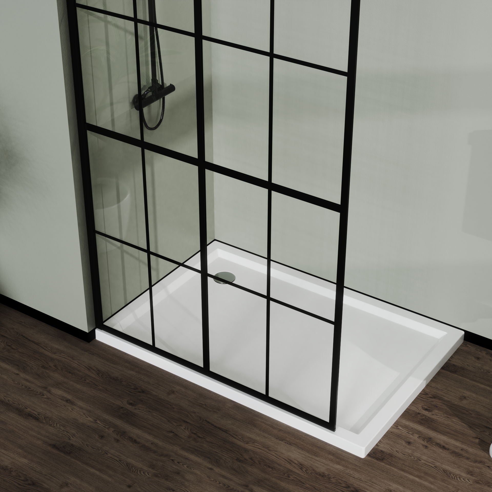 A modern shower area features the Shower Screen Walk In Wet Room - Black with a black grid-framed glass partition, a white rectangular shower tray, and dark wood flooring for a minimalist, contemporary design.