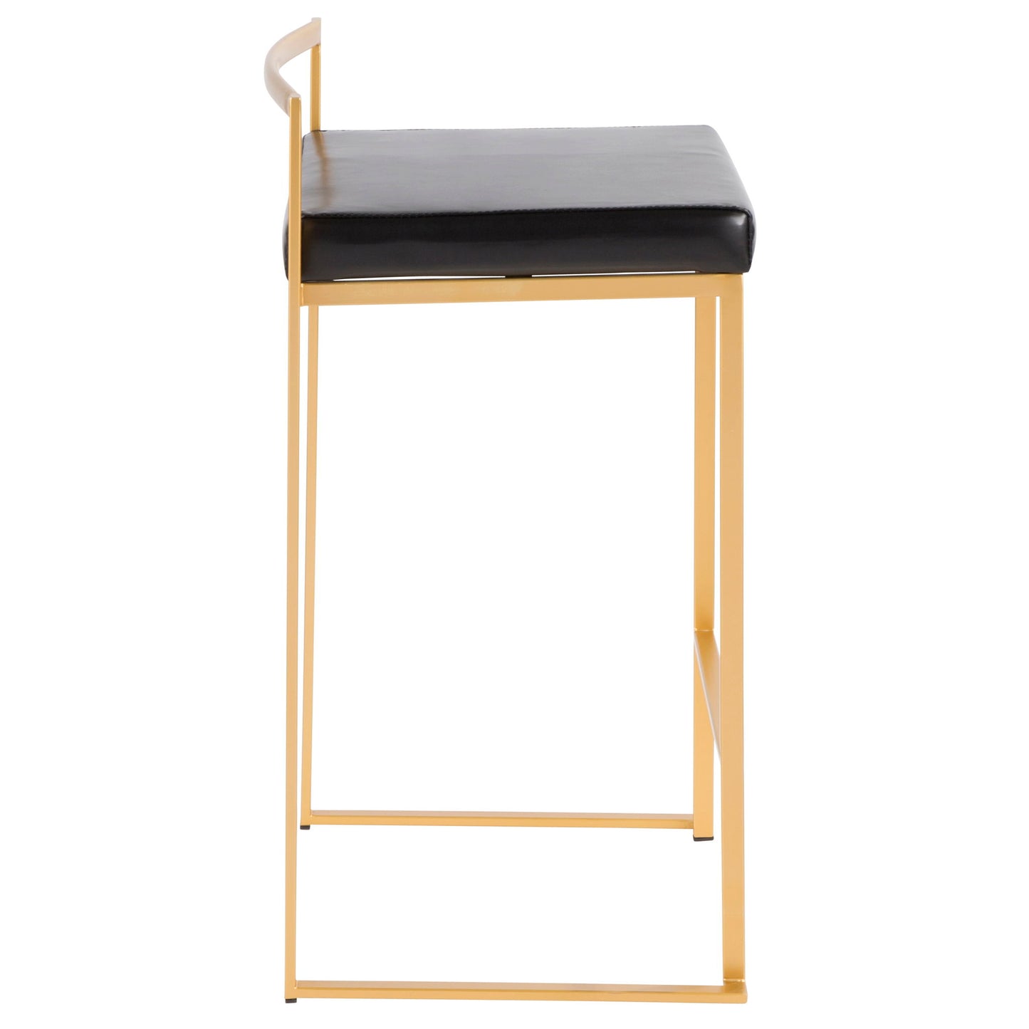 The Fuji Contemporary/Glam Design Counter Stool (Set of 2) features a slim gold metal frame, straight backrest, and black cushioned seat, shown from the front.