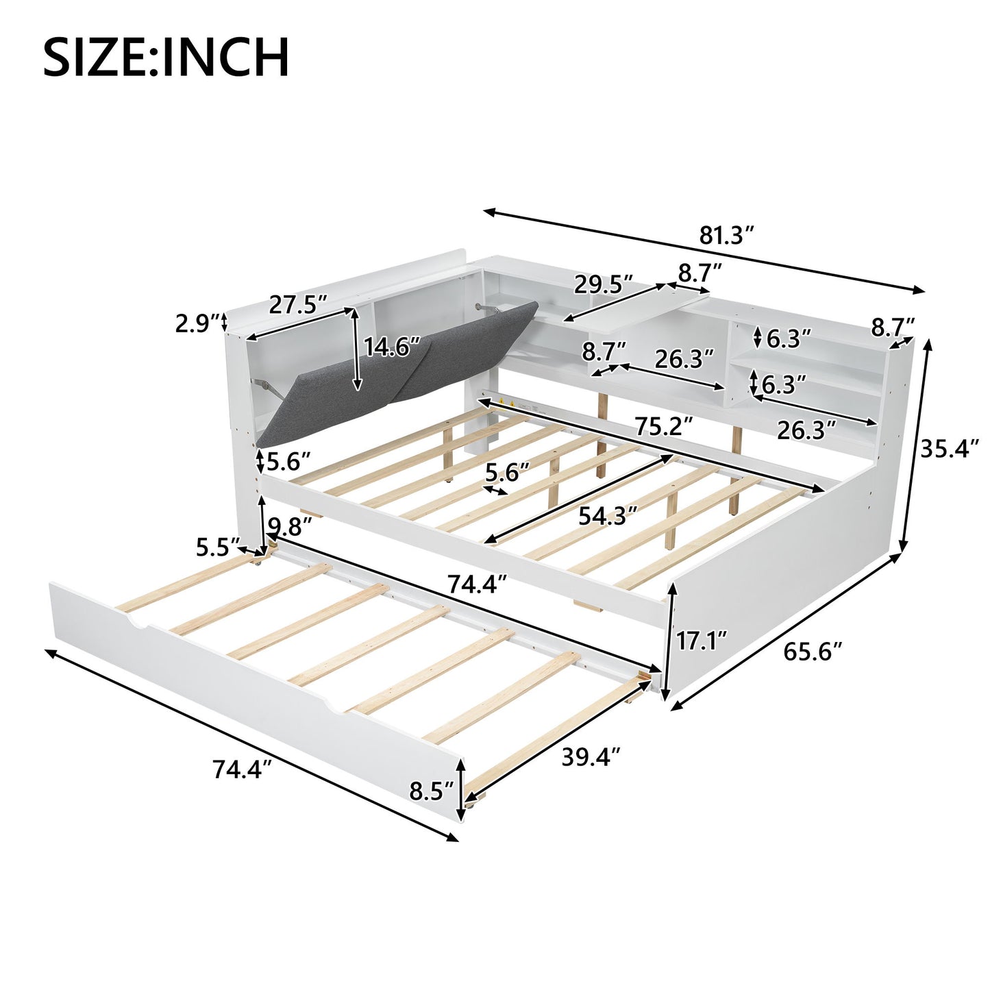 Platform Bed With Trundle, Shelves, And Storage Headboard