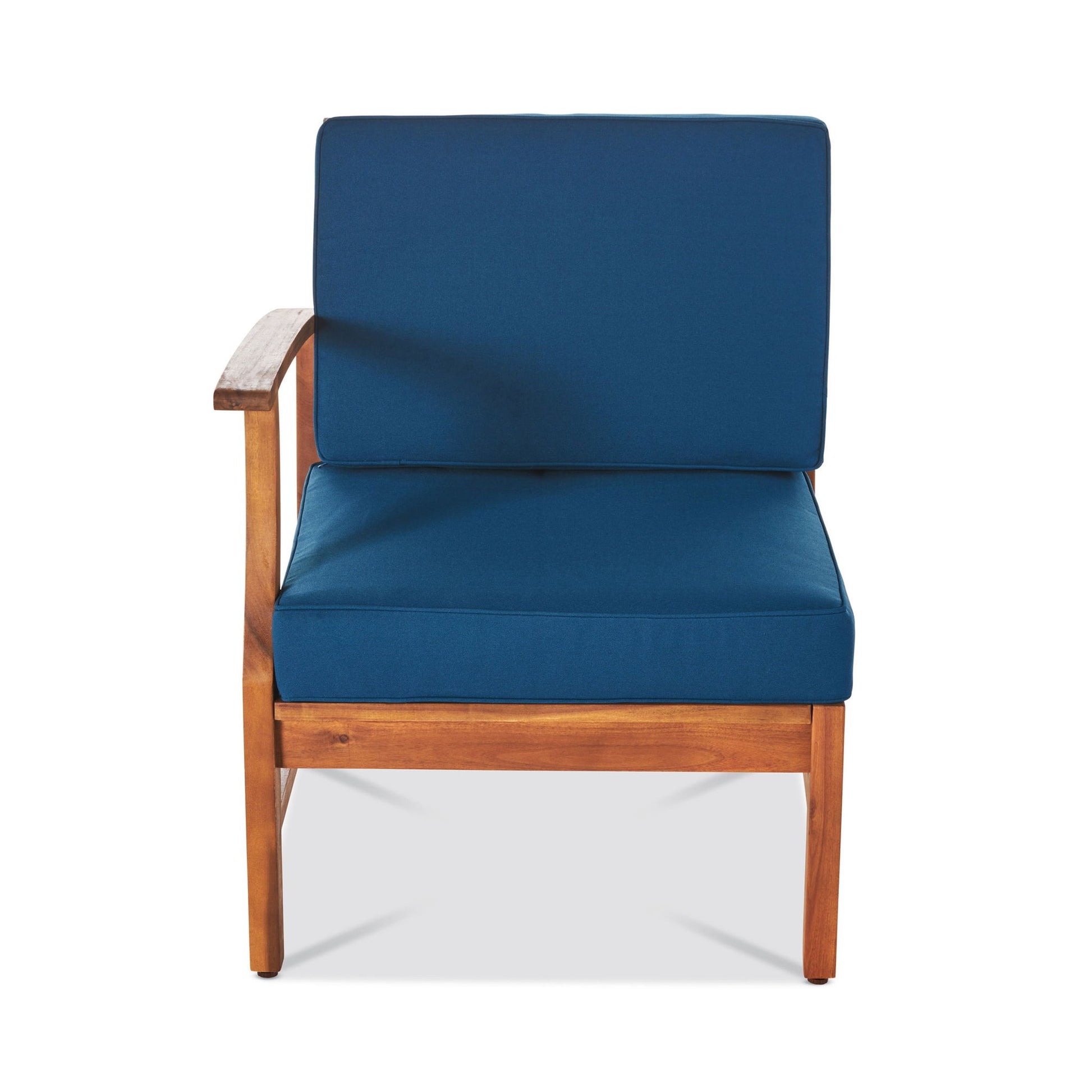 Front view of the Perla - 5 Pieces Sofa Set, featuring a wooden armchair with a blue cushioned seat and backrest, single wooden armrest on the left side, placed against a plain white background.