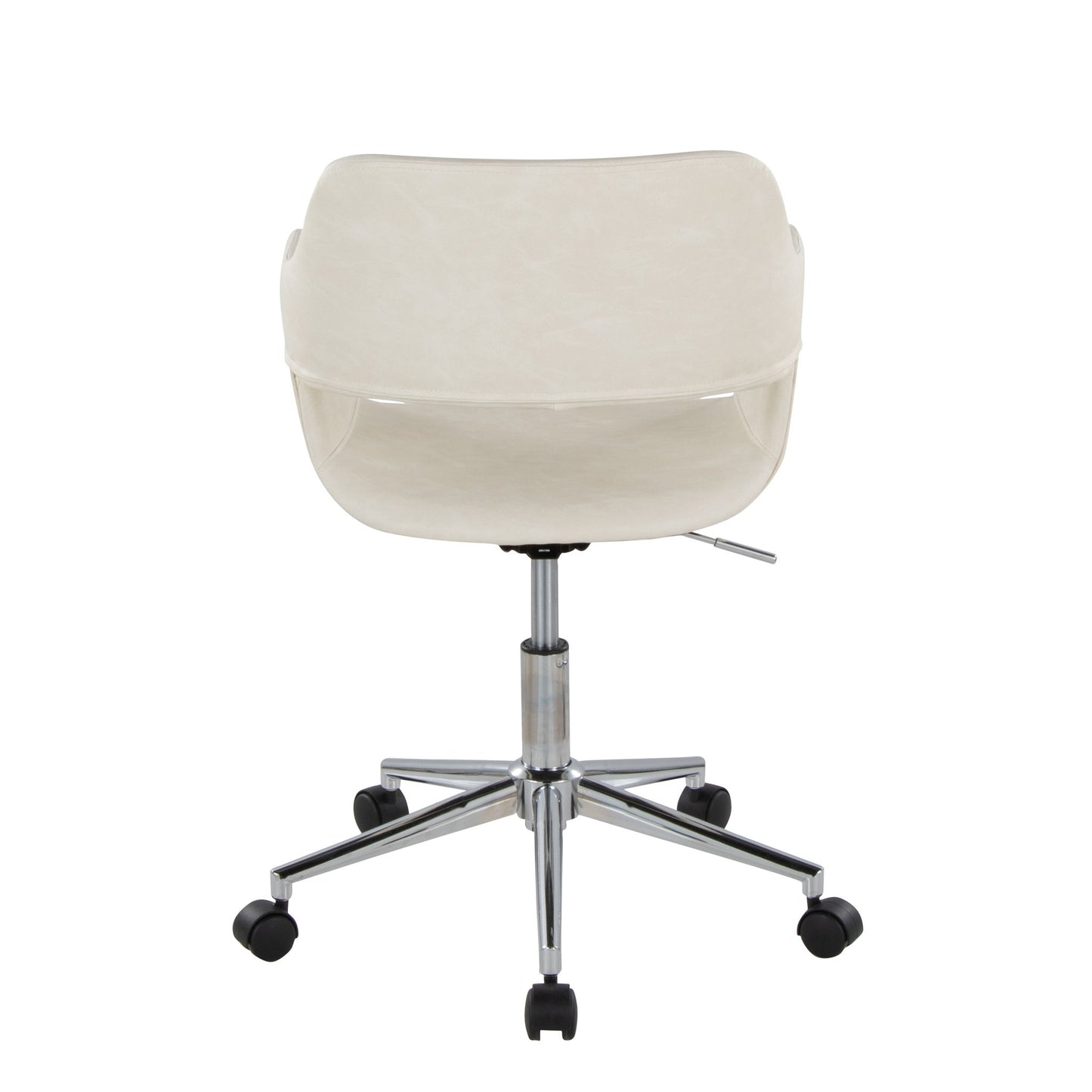 The Margarite - Contemporary Office Task Chair features a white finish, curved backrest, chrome base with five wheels, and an adjustable height lever on the right side—shown from behind.