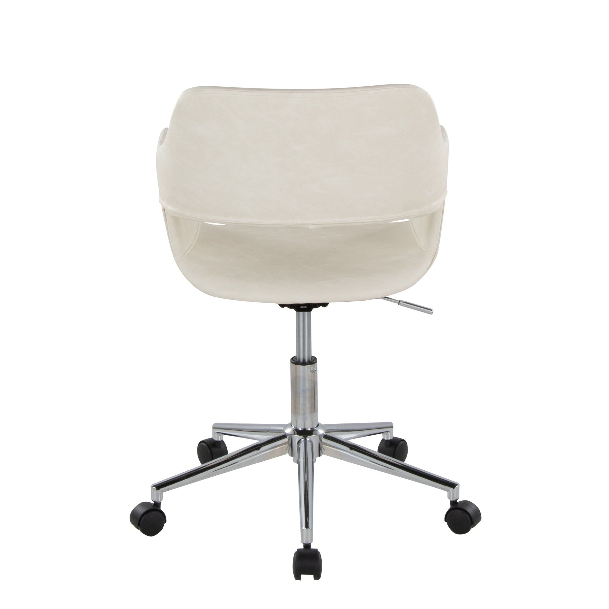 The Margarite - Contemporary Office Task Chair features a white finish, curved backrest, chrome base with five wheels, and an adjustable height lever on the right side—shown from behind.
