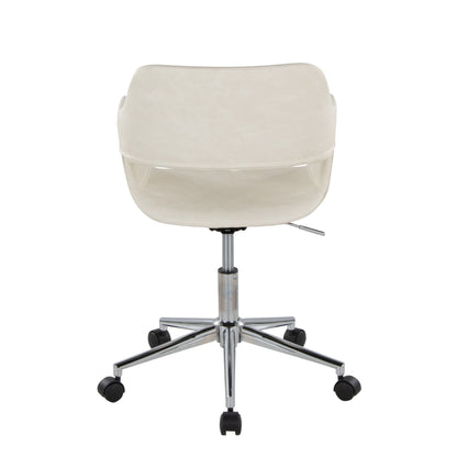 The Margarite - Contemporary Office Task Chair features a white finish, curved backrest, chrome base with five wheels, and an adjustable height lever on the right side—shown from behind.