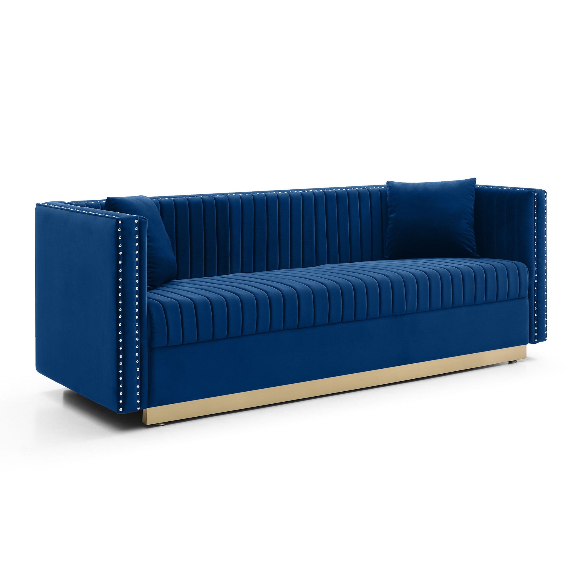 The Contemporary Vertical Channel Tufted Sofa is a modern upholstered couch for living rooms featuring blue velvet, vertical tufting, two matching pillows, silver nailhead trim on the arms, and a gold base.