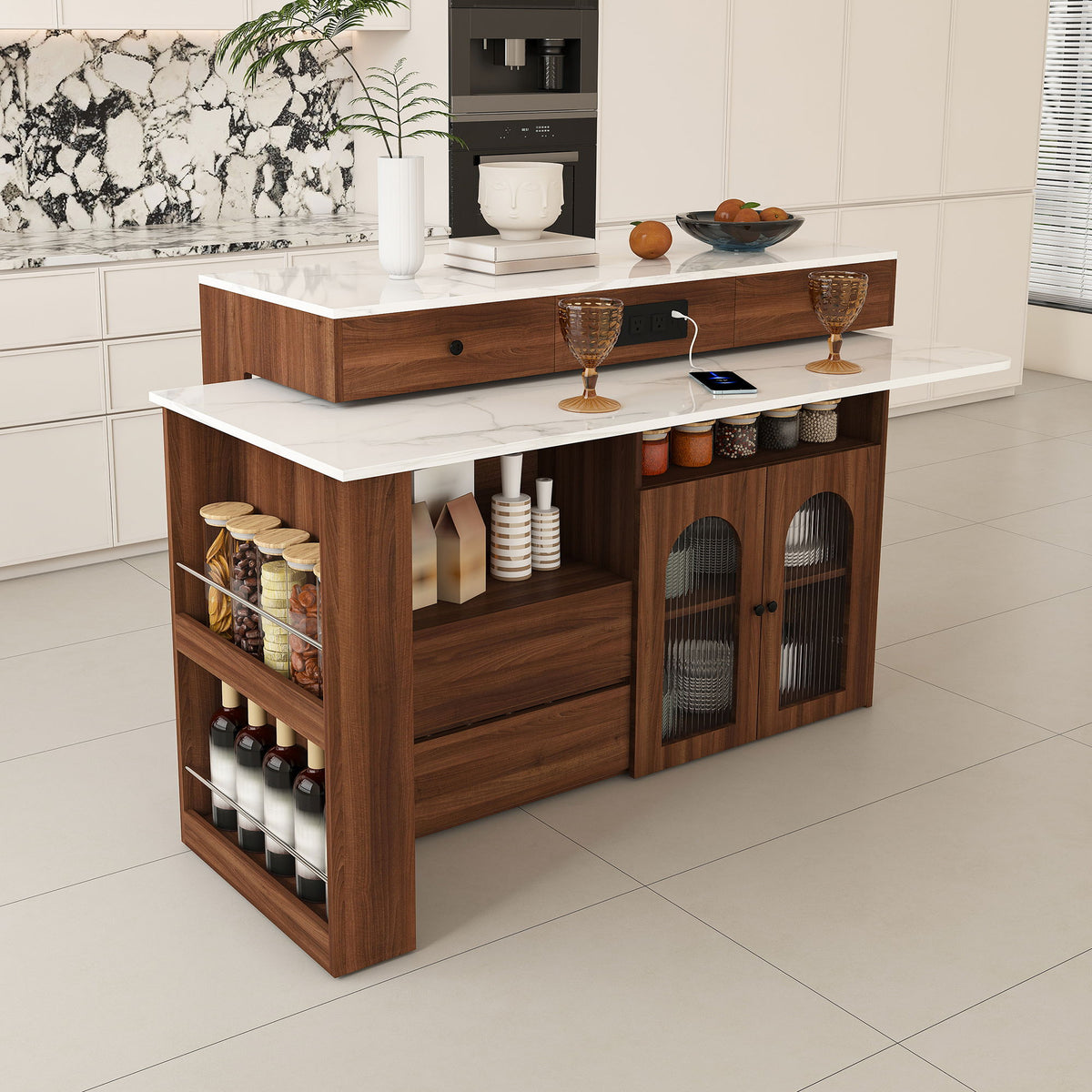 Kitchen Island With Extendable & Rotating Table