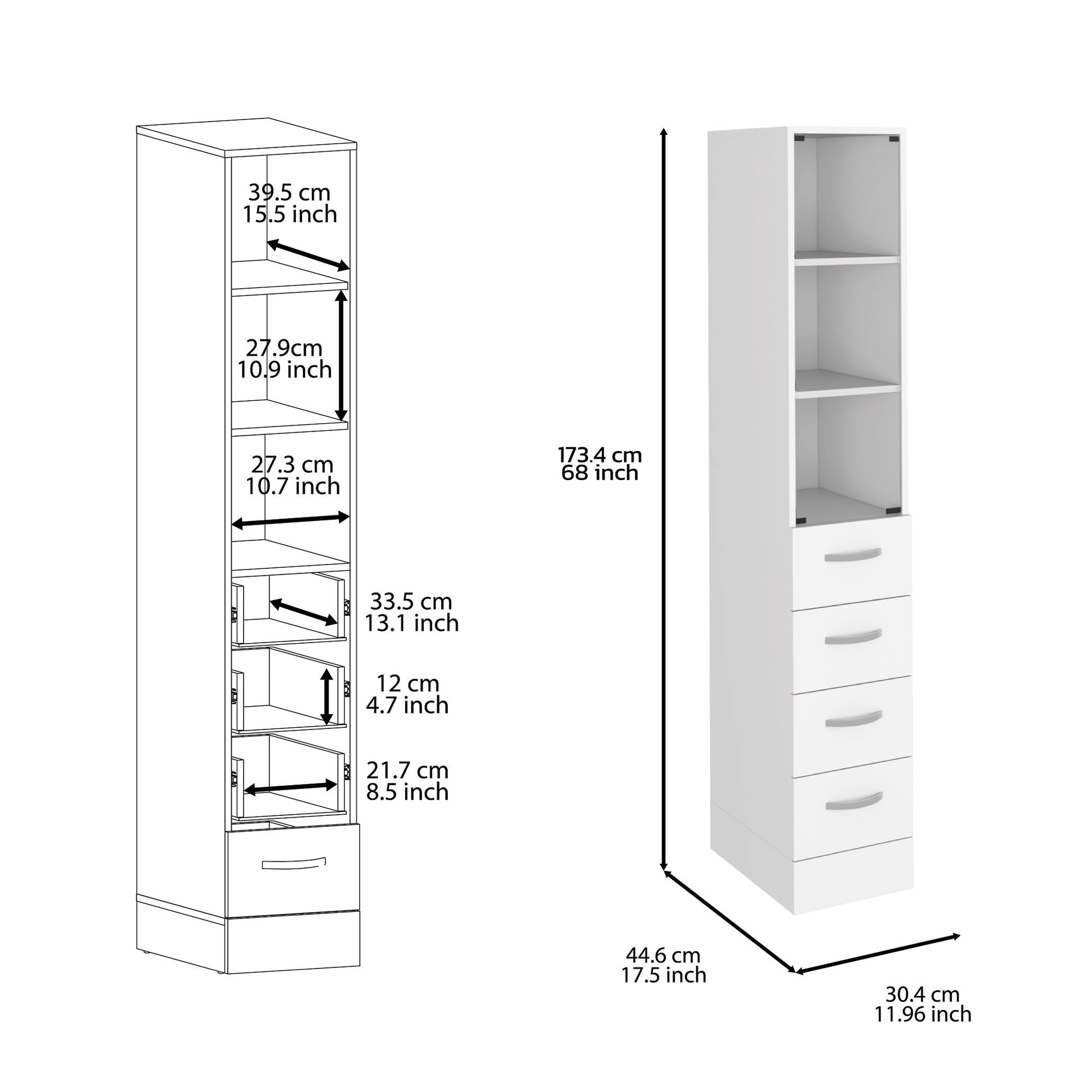 White linen cabinet features three open shelves, four drawers with metal handles; dimensions shown: height 173.4 cm (68 in), width 30.4 cm (11.96 in), depth 44.6 cm (17.5 in); shelf and drawer heights labeled on diagram.