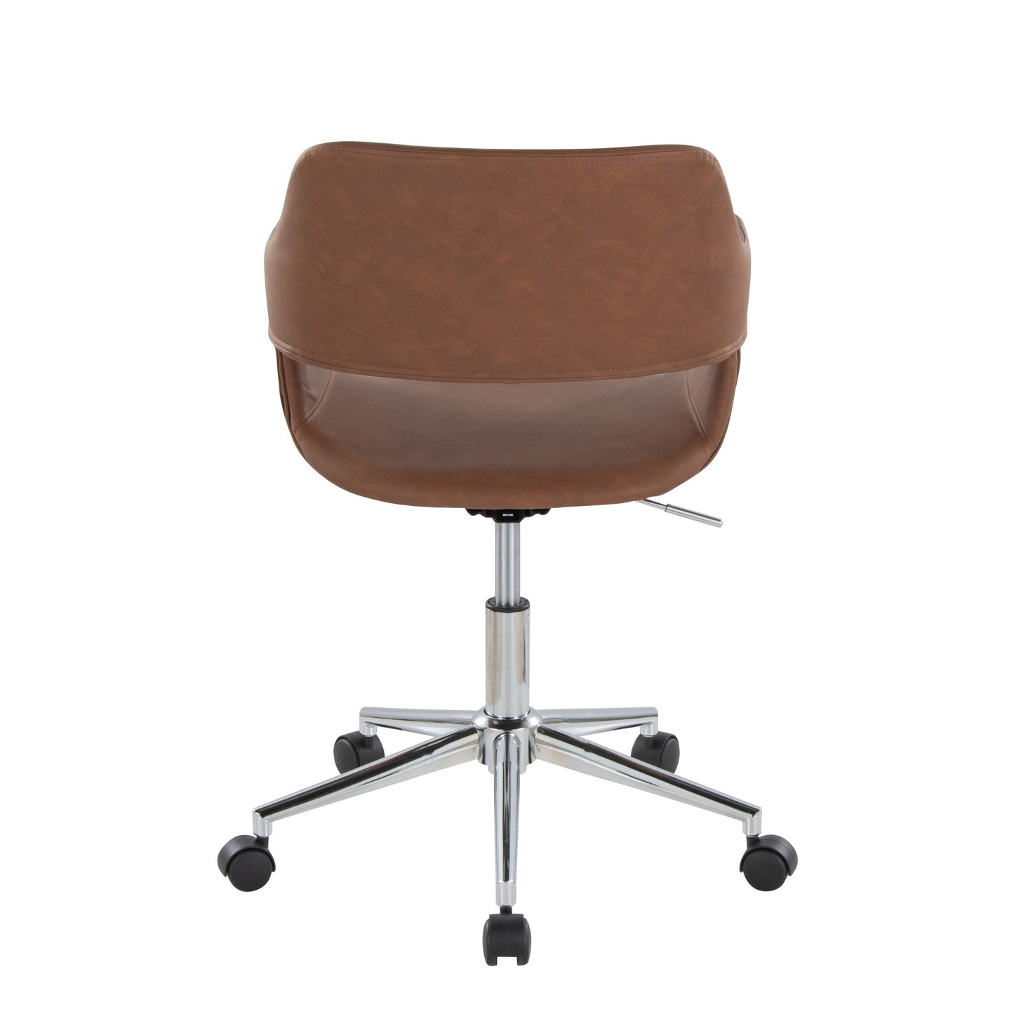 The Margarite Contemporary Office Task Chair features a brown cushioned seat, curved backrest, chrome base, and five black caster wheels, shown from a rear perspective.