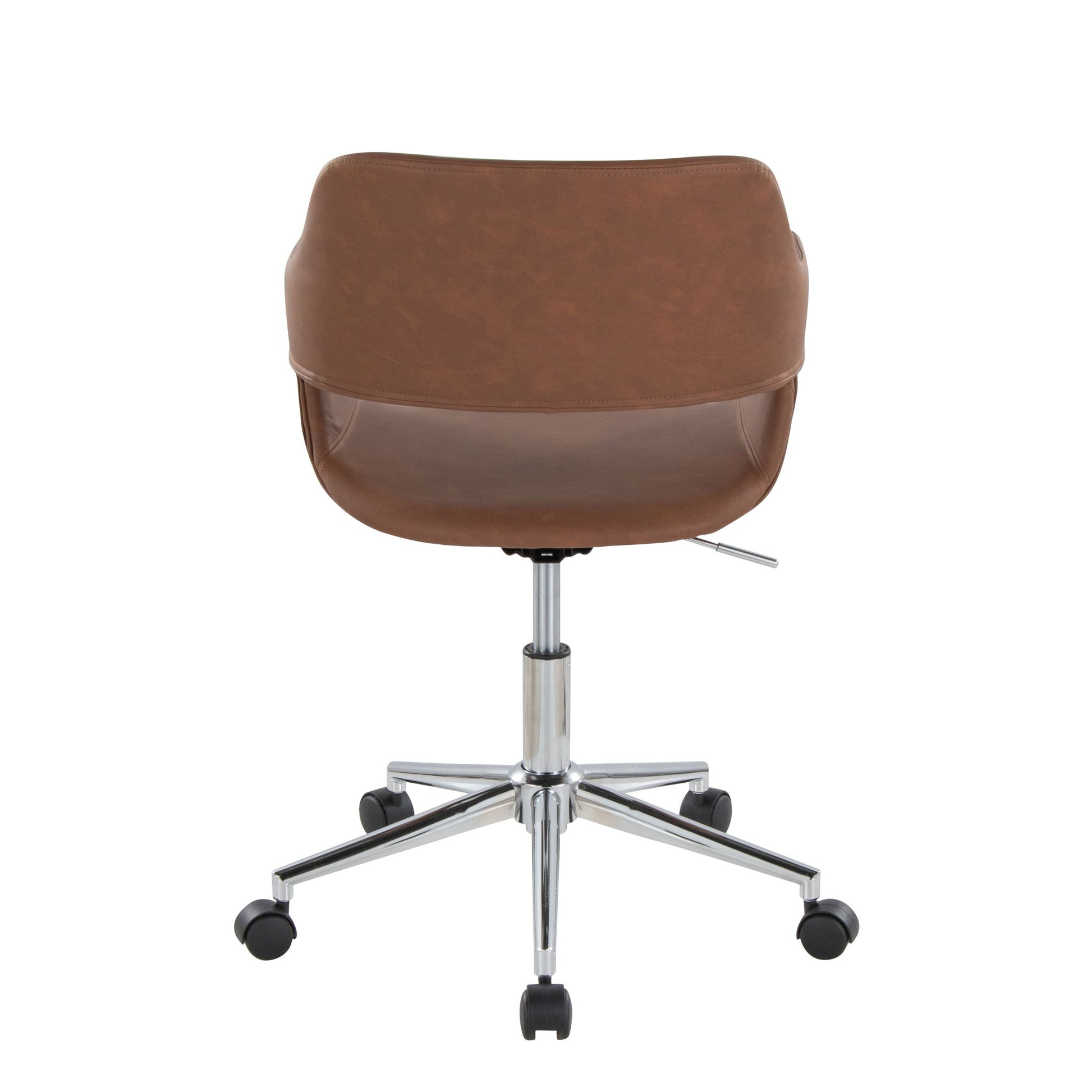 The Margarite Contemporary Office Task Chair features a brown cushioned seat, curved backrest, chrome base, and five black caster wheels, shown from a rear perspective.