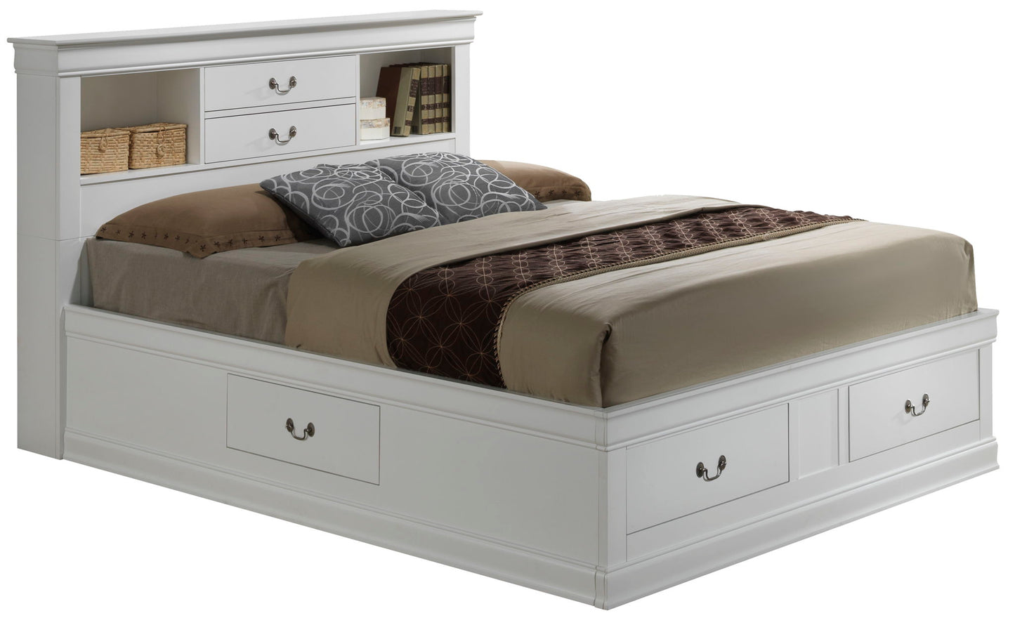 The Louis Phillipe - Bookcase Storage Bed is a white platform bed featuring under-frame storage drawers and a headboard with shelves and drawers, shown styled with bedding, pillows, and decor on the headboard shelves.