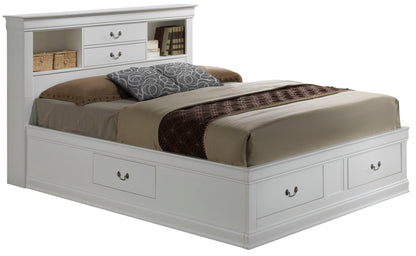 The Louis Phillipe - Bookcase Storage Bed is a white platform bed featuring under-frame storage drawers and a headboard with shelves and drawers, shown styled with bedding, pillows, and decor on the headboard shelves.
