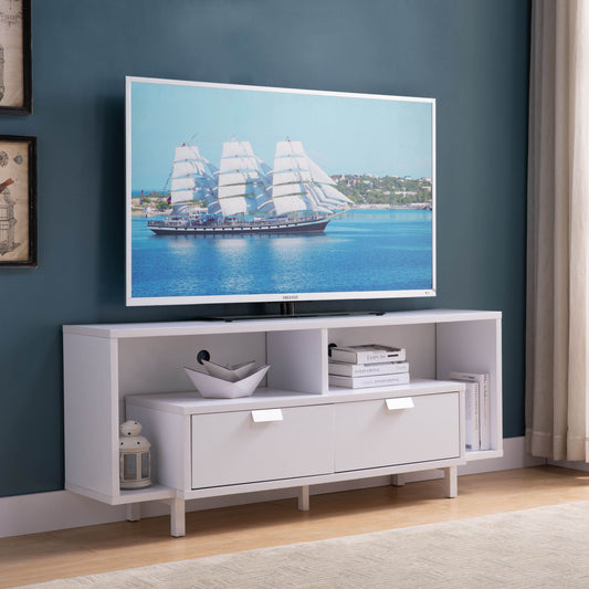 A flat-screen TV on the Modern TV Stand & Two Shelves And Two Drawers shows a sailing ship on blue water, with books, decor, and a lantern arranged on the stand, set against a blue wall.