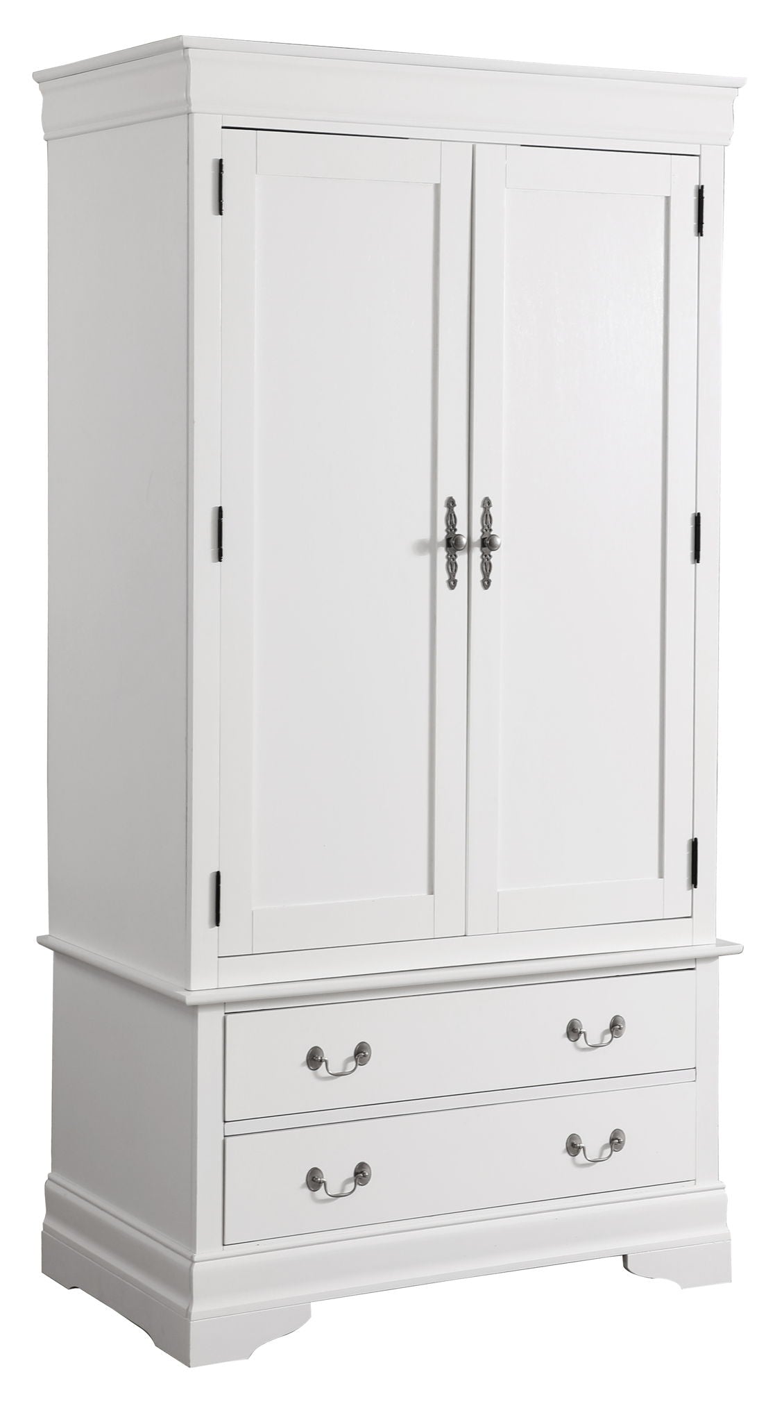 The Elegant Traditional Armoire is a white wooden piece with two upper doors, decorative handles, two bottom drawers with metal pulls, and classic molding.