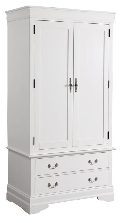 The Elegant Traditional Armoire is a white wooden piece with two upper doors, decorative handles, two bottom drawers with metal pulls, and classic molding.