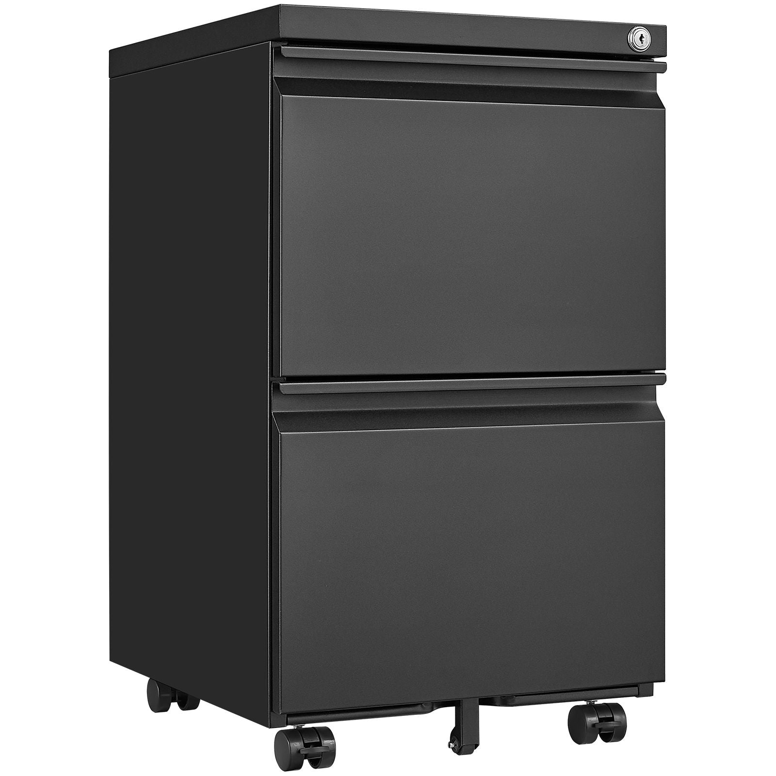 The 2 Drawer File Cabinet With Lock is a black, metal, rolling filing cabinet that fits Letter/Legal/A4 sizes and features a lock on the top drawer for secure home office storage.