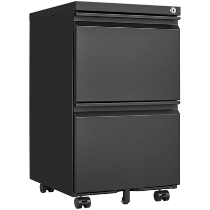 The 2 Drawer File Cabinet With Lock is a black, metal, rolling filing cabinet that fits Letter/Legal/A4 sizes and features a lock on the top drawer for secure home office storage.