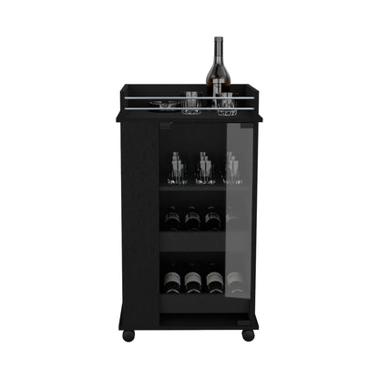 The Bar Cart With Glass Door, 2 Side Shelves And Casters - Black features a glass door, holds wine bottles and glassware on shelves, and has a wine bottle with glasses on top. Its casters make it easy to move.