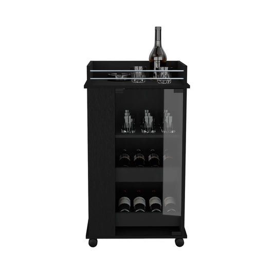 The Bar Cart With Glass Door, 2 Side Shelves And Casters - Black features a glass door, holds wine bottles and glassware on shelves, and has a wine bottle with glasses on top. Its casters make it easy to move.