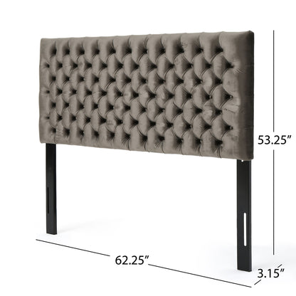 The Annecy - Contemporary Upholstered Headboard is shown in gray with tufted upholstery and black legs. It measures 62.25" wide, 53.25" tall, and 3.15" thick.