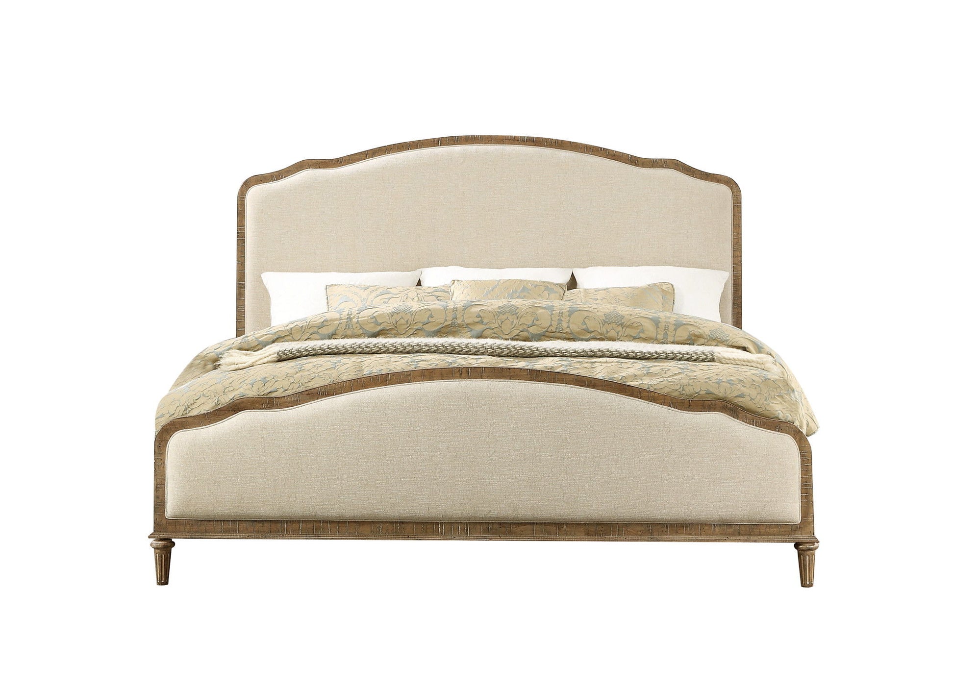 The Ludin - Upholstered Bed features a beige upholstered design with a wooden frame, curved headboard and footboard, styled with patterned pillows and a beige comforter, shown against a white background.