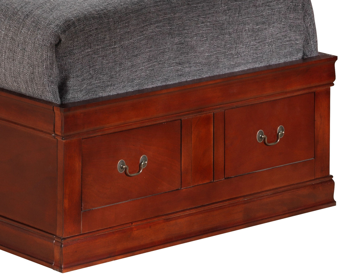 The Louis Phillipe Bookcase Storage Bed features a rich brown wooden frame with two drawers with metal handles in the base and a gray mattress on top.