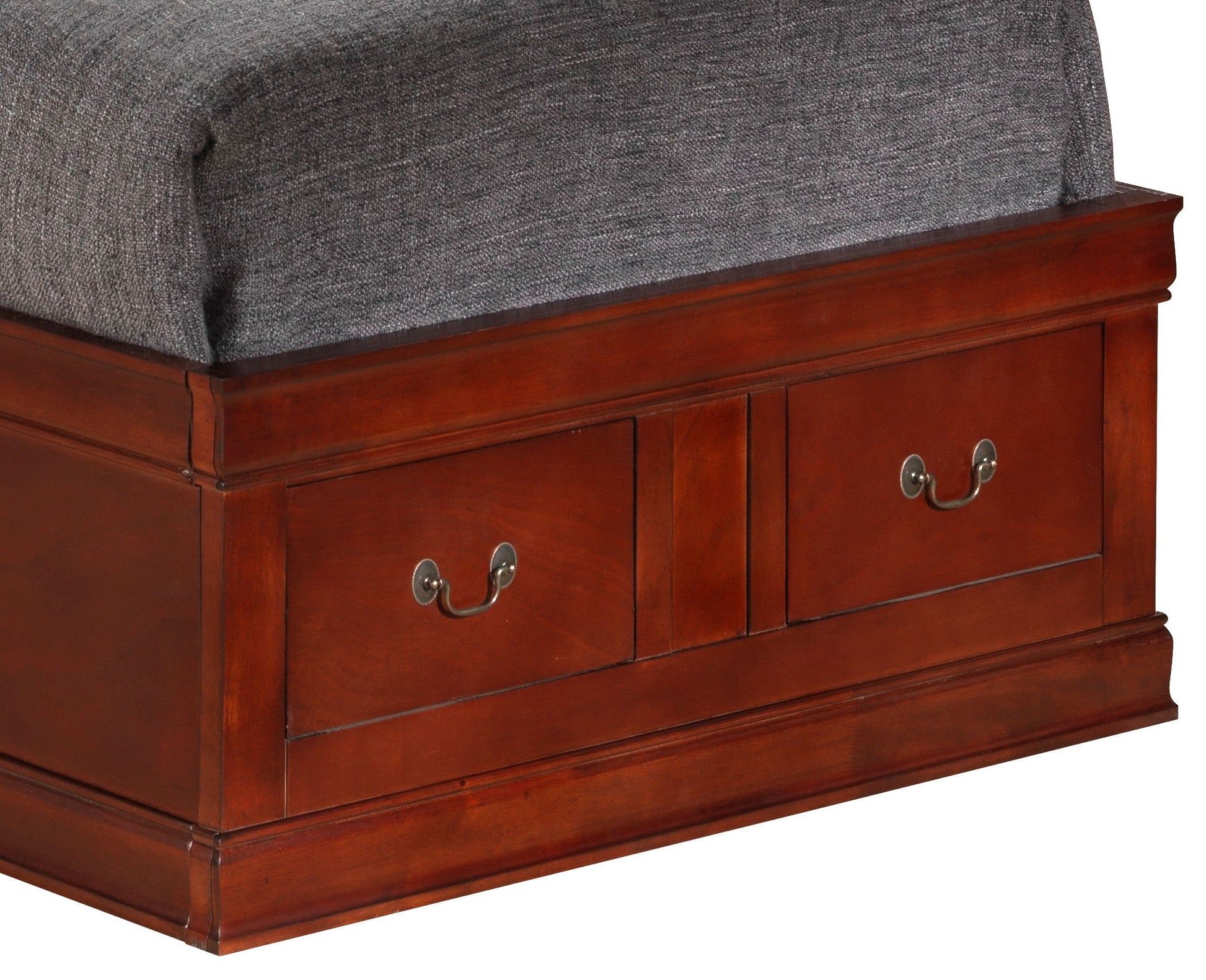 The Louis Phillipe Bookcase Storage Bed features a rich brown wooden frame with two drawers with metal handles in the base and a gray mattress on top.