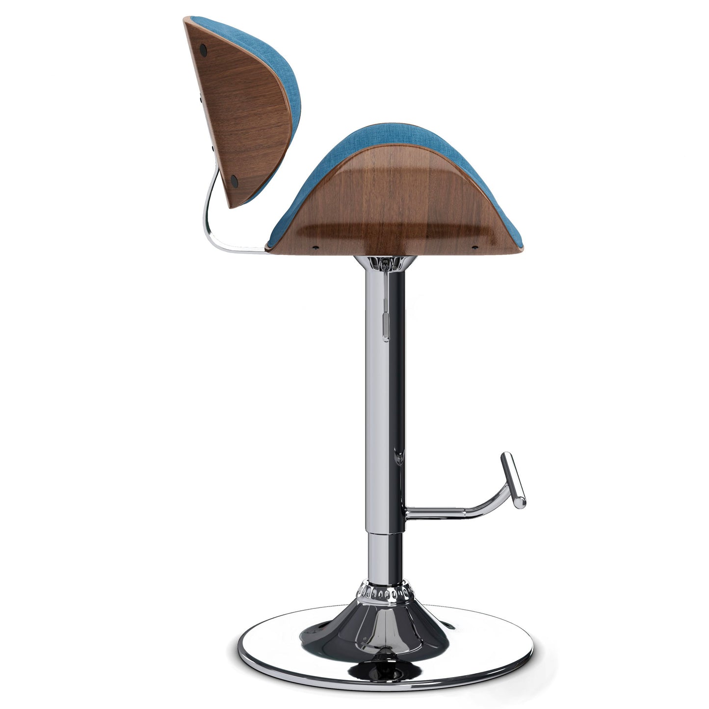 The Marana Bentwood Adjustable Swivel Bar Stool features a chrome base, wooden seat and back, and blue linen cushioning, shown from the side against a white background.
