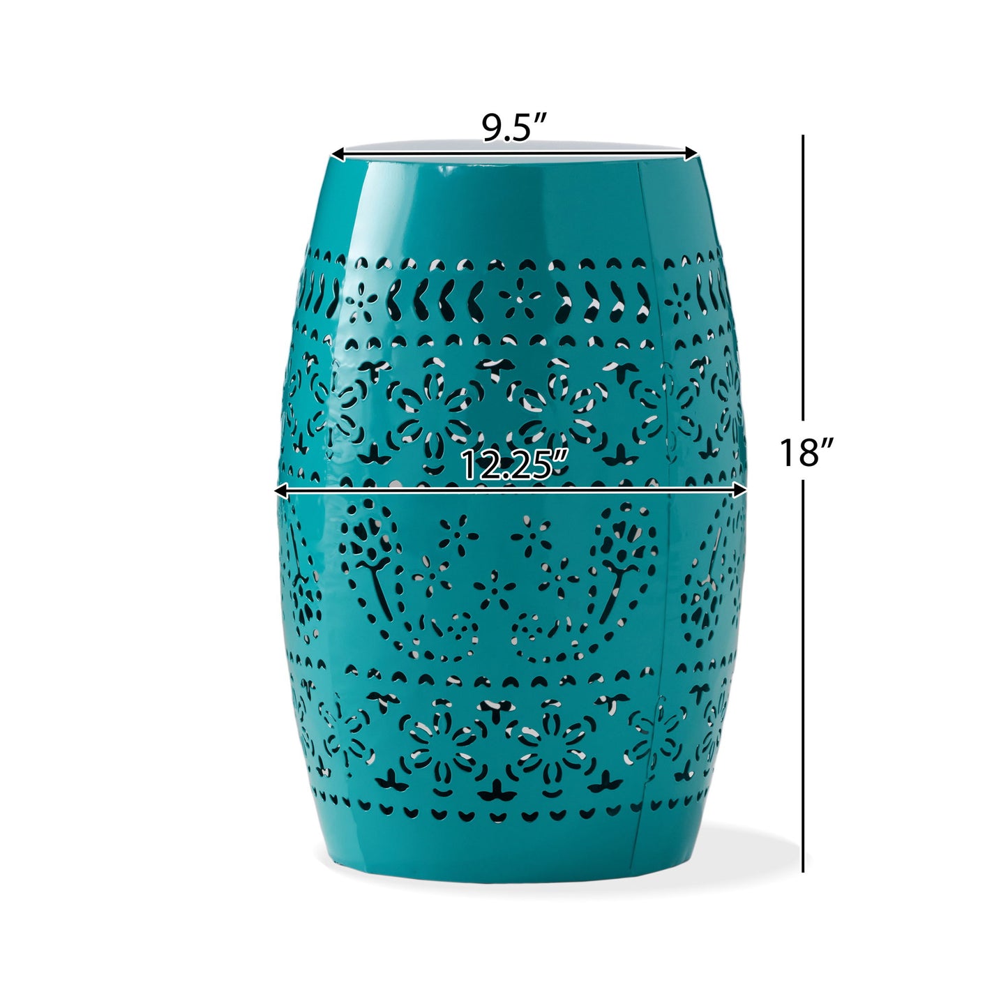 12" Outdoor Lace Cut Side Table features a teal ceramic design with intricate cutout patterns, measuring 18" tall, 9.5" wide at the top, and 12.25" wide at the center.
