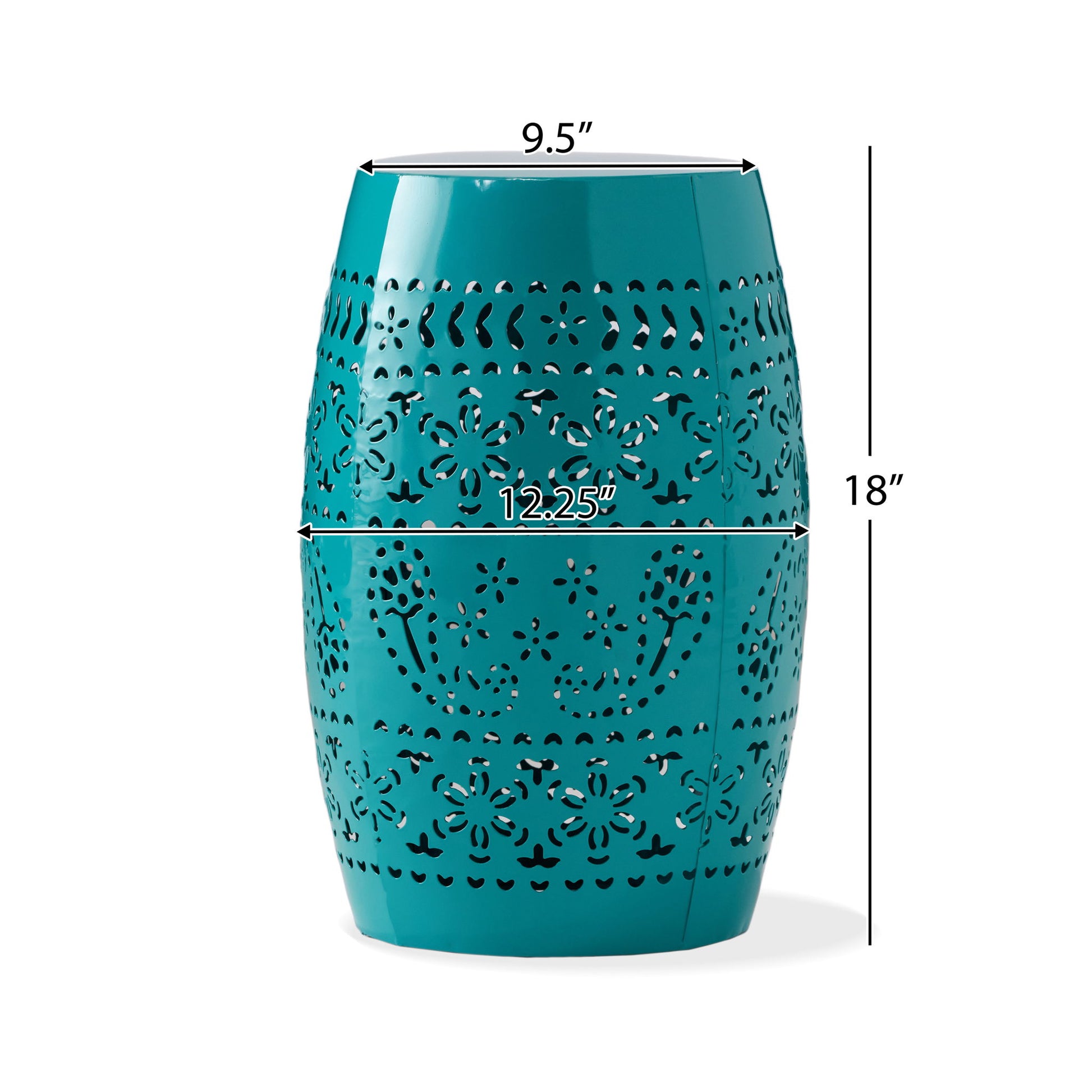 12" Outdoor Lace Cut Side Table features a teal ceramic design with intricate cutout patterns, measuring 18" tall, 9.5" wide at the top, and 12.25" wide at the center.