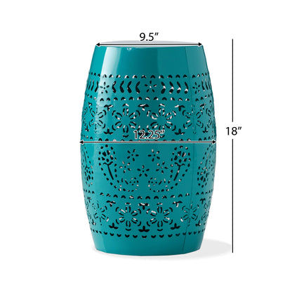 12" Outdoor Lace Cut Side Table features a teal ceramic design with intricate cutout patterns, measuring 18" tall, 9.5" wide at the top, and 12.25" wide at the center.