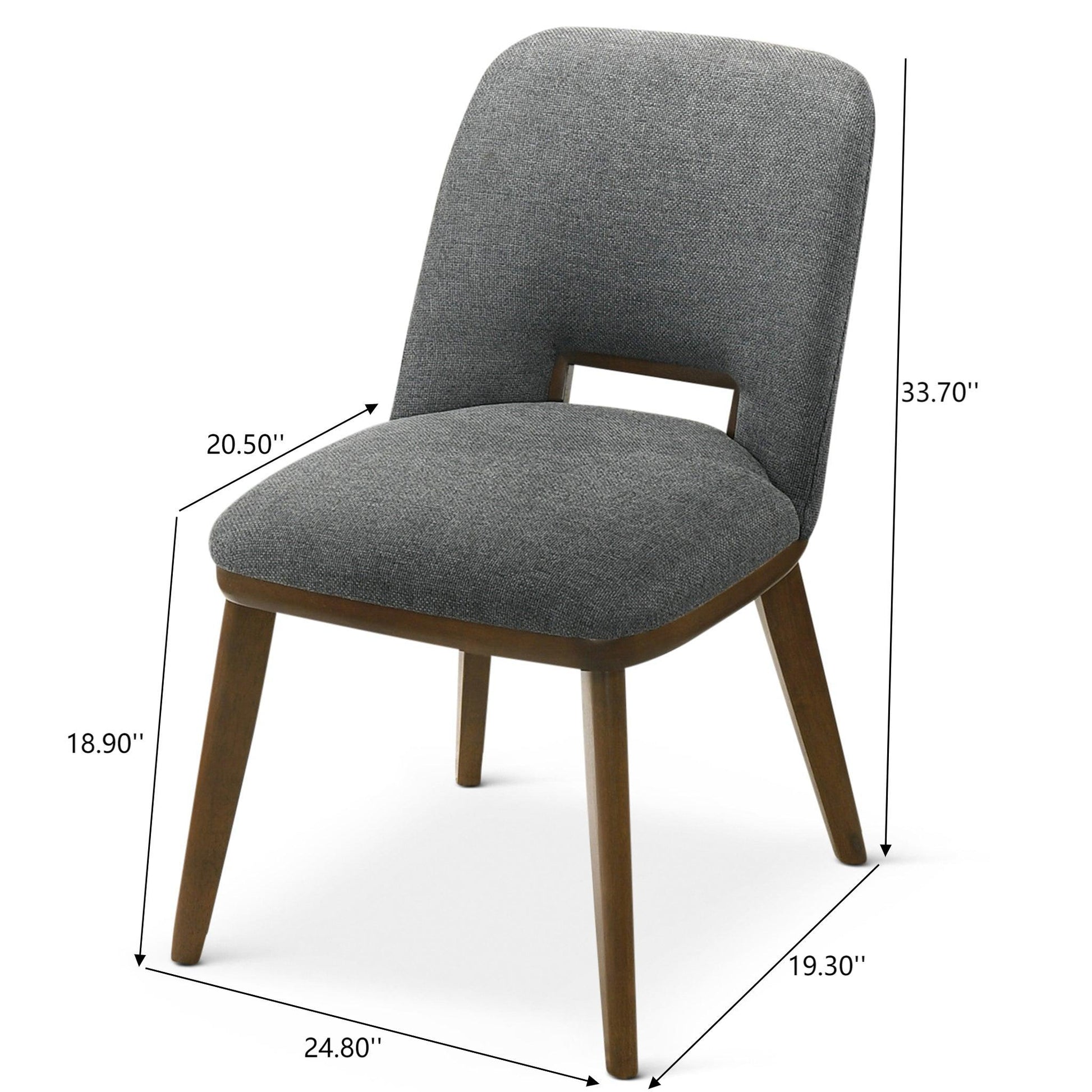 The Blake - Modern Dining Chair (Set of 2) features gray upholstery, wooden legs, and dimensions of 33.7" H x 19.3" W x 24.8" D, with a backrest height of 20.5" and seat height of 18.9".