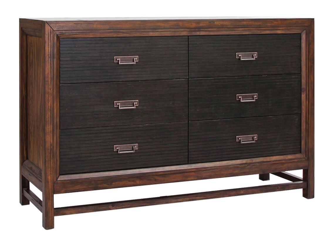 The Couch.com Branson 6 Drawer Dresser features a two-tone brown wood construction with a dark brown finish, six black horizontal drawers with rectangular metallic handles, and a clean, simple-lined brown wooden frame.