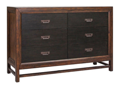 The Couch.com Branson 6 Drawer Dresser features a two-tone brown wood construction with a dark brown finish, six black horizontal drawers with rectangular metallic handles, and a clean, simple-lined brown wooden frame.