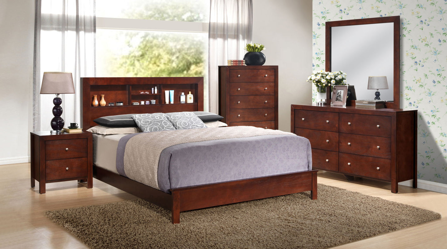 A modern bedroom featuring the Bed With Transitional Design Stylish, gray bedding, matching nightstand, dresser, tall chest with silver knobs, plus a large mirror, lamp, decorative accents, and flowers for a cozy vibe.