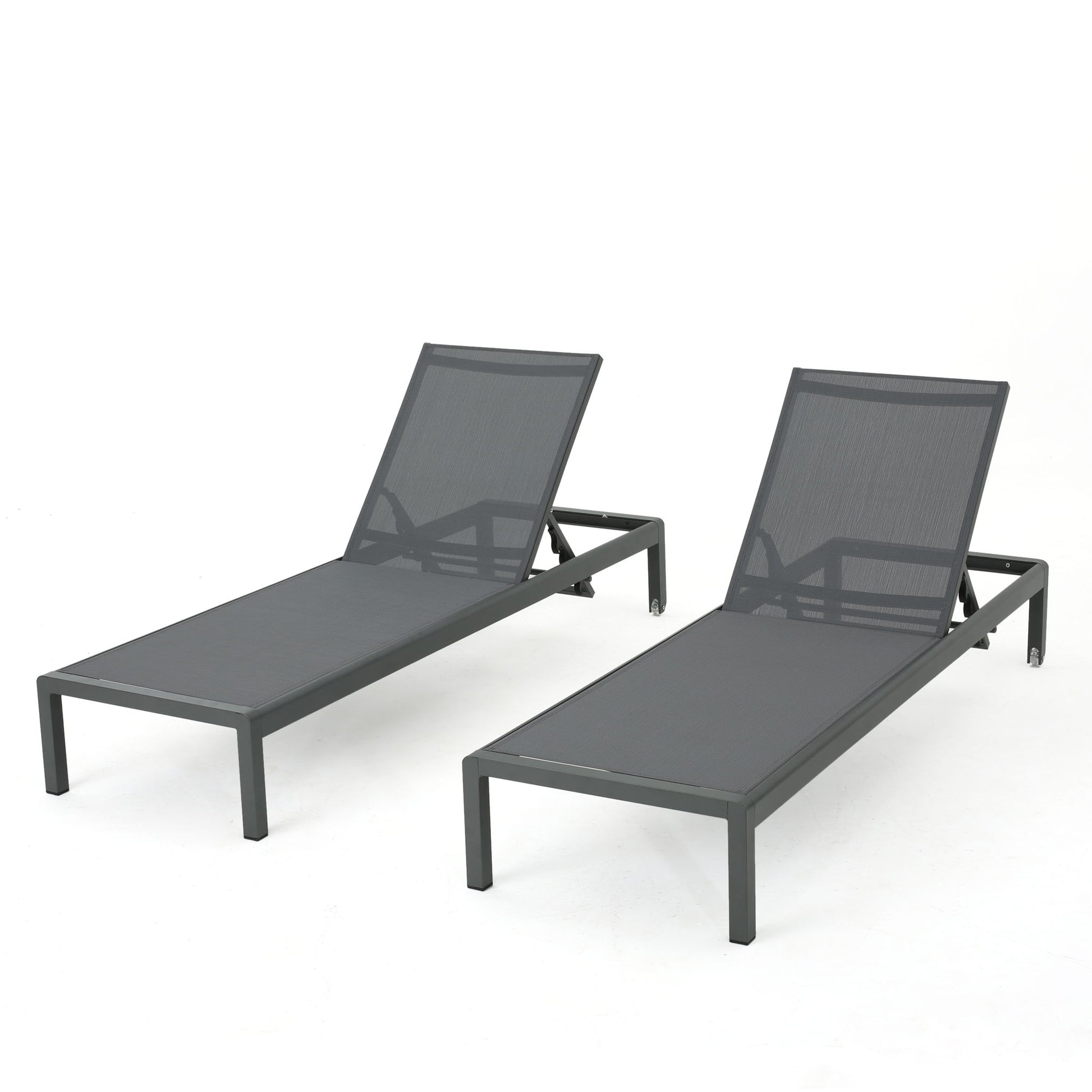 Two Outdoor Patio Chaise Lounge With 5 Reclining Positions, featuring black metal frames and mesh fabric seats, are displayed on a white background.